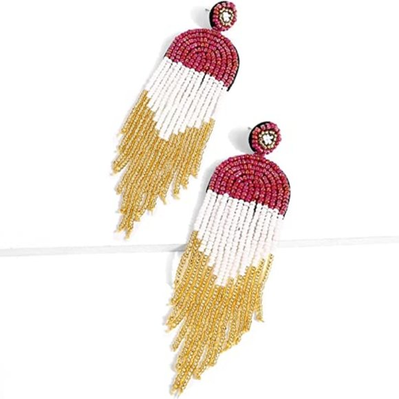 4.5" Modern Art Deco Oversized Post Earrings Red White Gold New Beaded - Picture 8 of 9